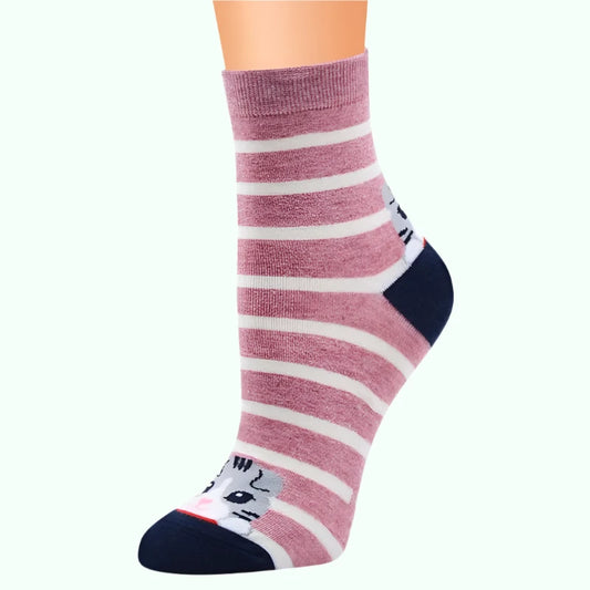 Pink and white striped sock with navy accents and a cute cat face design on the toe.